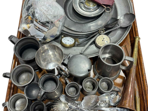 Antique pewter chargers, plates and measures, buttons, lorgnette, oak...