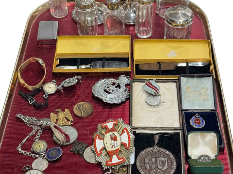 Tray lot with six silver topped jars, pair silver candlesticks, watches,...