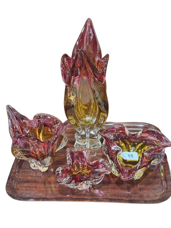 Four pieces of Chribska coloured blown art glass, tallest 35cm.