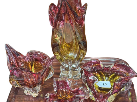 Four pieces of Chribska coloured blown art glass, tallest 35cm.