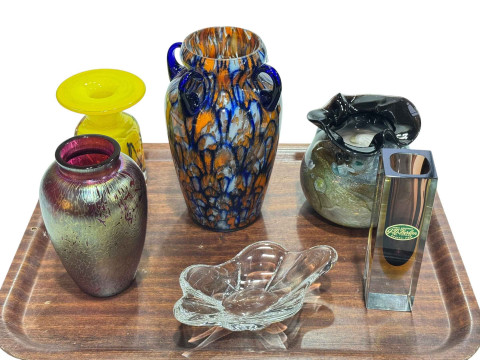 Collection of six art glass pieces including Murano, Daum and Brierley.