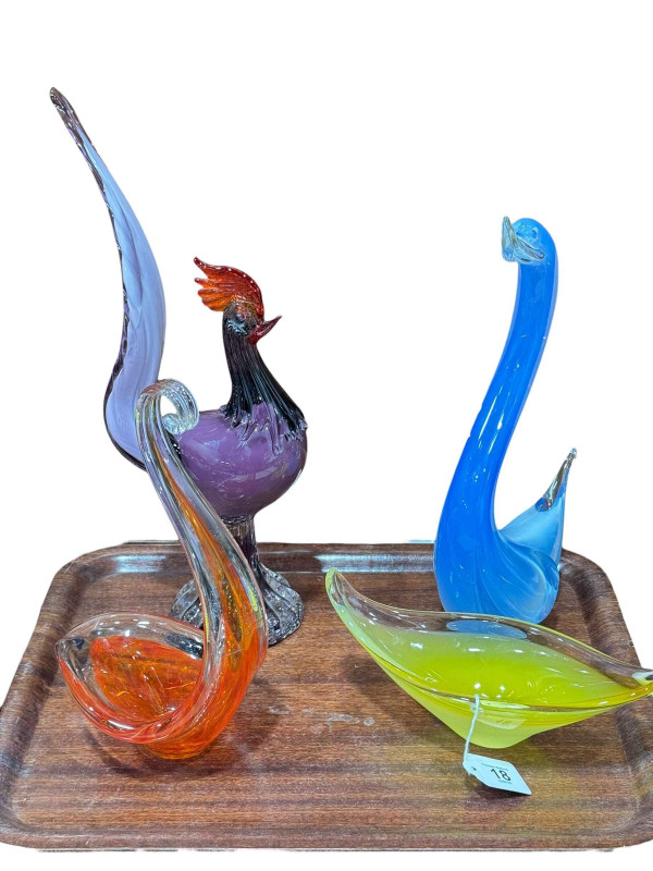 Three Murano art glass birds and boat shaped vase (4).