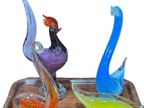 Three Murano art glass birds and boat shaped vase (4).