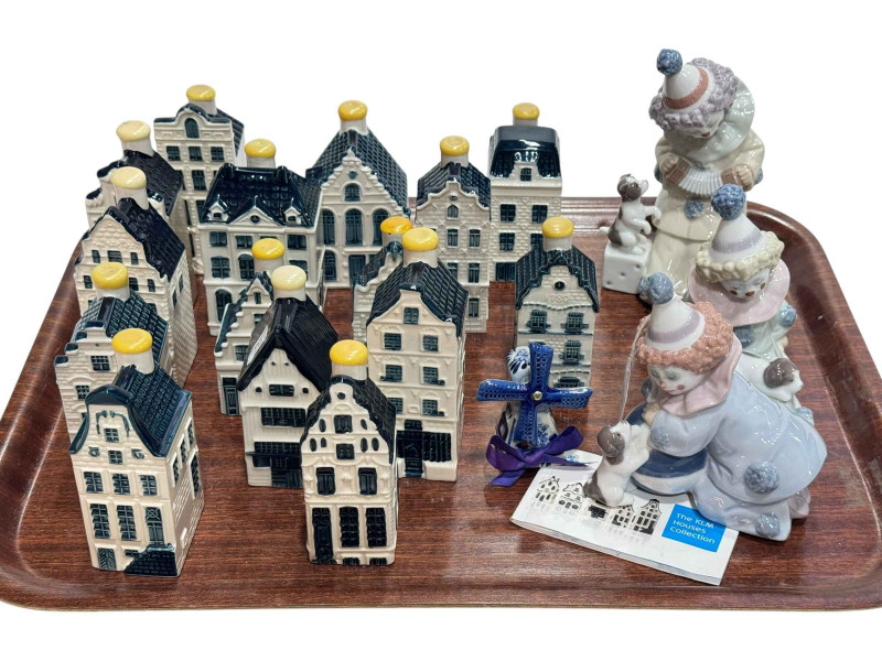 Fifteen KLM Bols houses, three small Lladro figures and windmill.