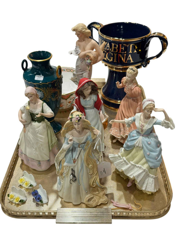 Tray lot with Wedgwood figures, Minton vase, Royal Worcester bowl and ERII cup.