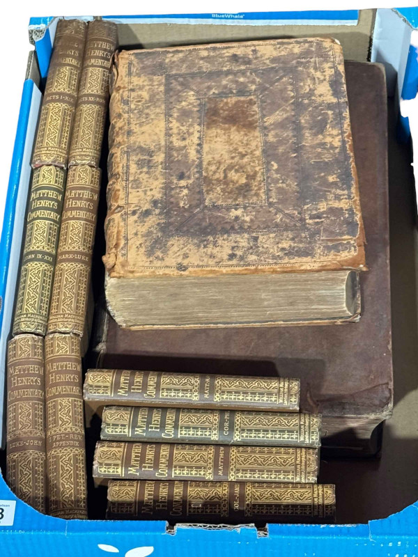 Books, Genuine Works of Flavius Josephus, 18th Century Bible, and Matthew Henry's Commentary.