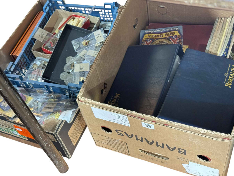 Box of coins, cap badges and flatware, and box of cigarette cards (2).
