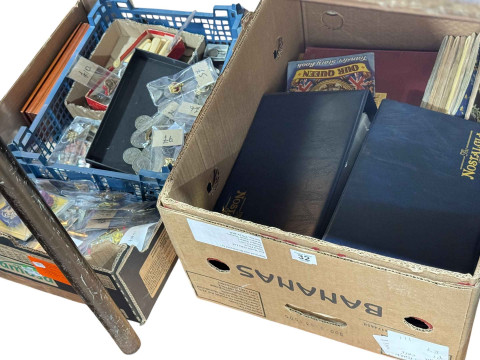 Box of coins, cap badges and flatware, and box of cigarette cards (2).