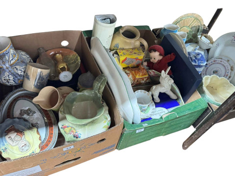 Four boxed of mixed and decorative ceramics, pair spelter figures, butterfly tray, pictures,badges etc. thumbnail