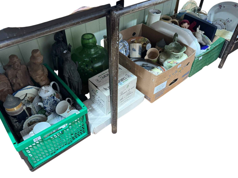 Four boxed of mixed and decorative ceramics, pair spelter figures, butterfly tray, pictures,badges etc.