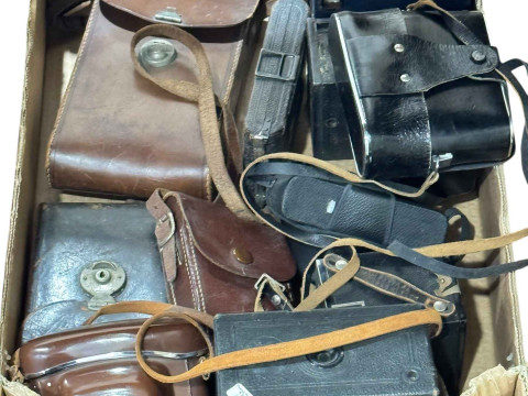 Box of vintage cameras.