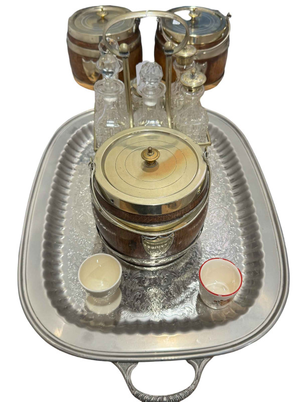 Three EP mounted oak biscuit jars, cruet, tray, etc.