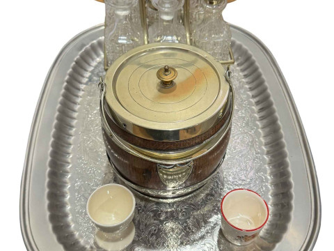 Three EP mounted oak biscuit jars, cruet, tray, etc.