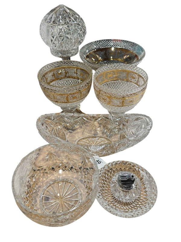 Bohemian glass pedestal bowl and pair of vases with gold band decoration, crystal table lamp and shade and other crystal glass.