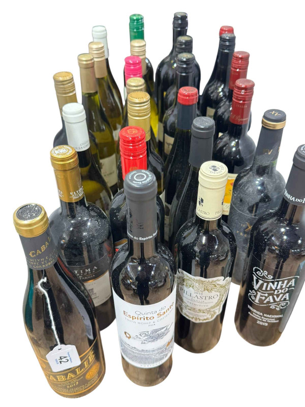 Twenty six bottles of red and white wine.