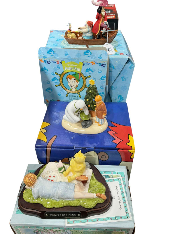 Royal Doulton Peter Pan and Winnie the Pooh figures and Coalport Snowman, boxed (3).
