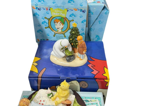 Royal Doulton Peter Pan and Winnie the Pooh figures and Coalport Snowman,...