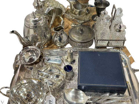 Collection of silver plate including gadroon bordered tea tray and cruet.