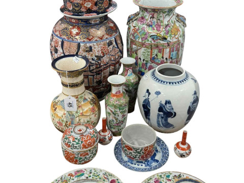 Oriental ceramics with blue and white figure decorated ginger jar, two...