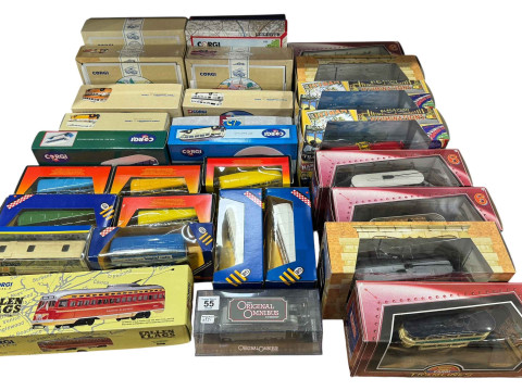 Collection of boxed Corgi Buses and collection of boxed Trams.