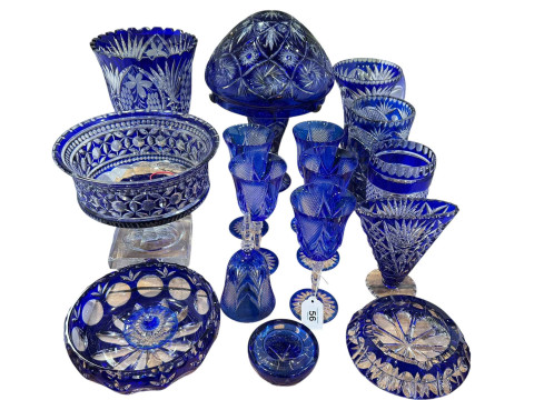 Collection of Bohemian Cobalt Blue glass including lamp, pedestal bowl,...