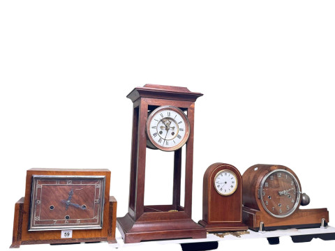 Two Art Deco walnut mantel clocks, inlaid clock and pendulum clock (4).