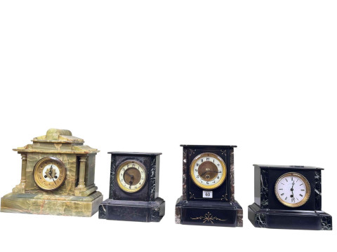 Victorian green marble mantel clock together with three black marble/slate...