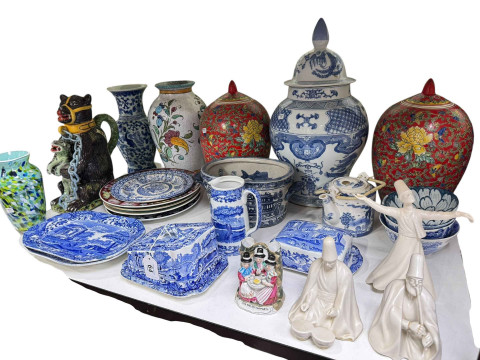 Decorative Chinese vases, Spodes Italian wares, bear jug, figures, etc.