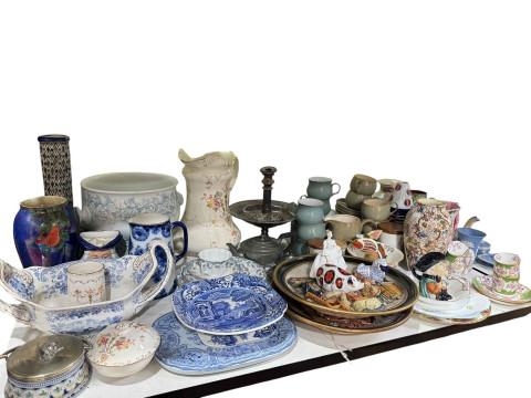 Decorative china including three Royal Crown Derby paperweights, art glass...