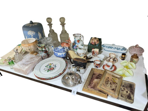 Mixed lot with two silver mounted scent bottles, two bell decanters, opera...