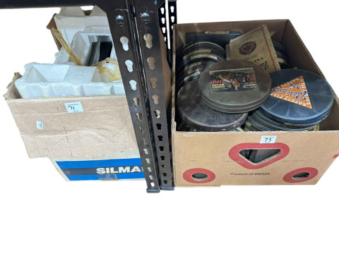 Collection of vintage pathescope film reels, catalogue, and Silma Delta...