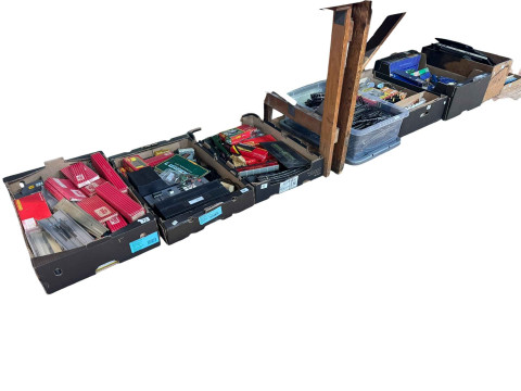 Eight boxes of model railway including Hornby Dublo, Triang, Scalextric,...