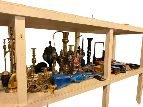 Pair brass two branch wall sconce, pair brass ejector candlesticks, portrait...