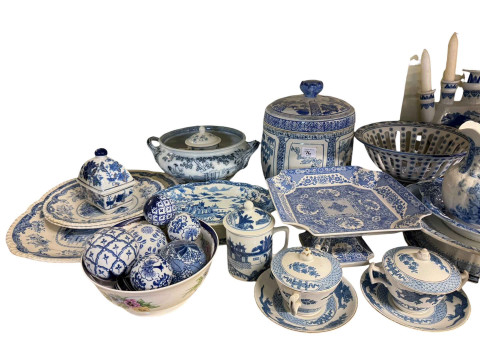 Collection of Victorian and later blue and white china including Masons tureen, Spode, stick stand, lamps, etc, pair Staffordshire dogs, Victorian tureen, barrel stool, etc. thumbnail