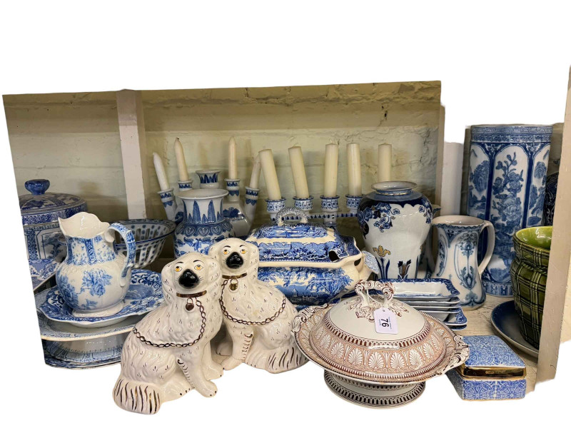Collection of Victorian and later blue and white china including Masons tureen, Spode, stick stand, lamps, etc, pair Staffordshire dogs, Victorian tureen, barrel stool, etc.