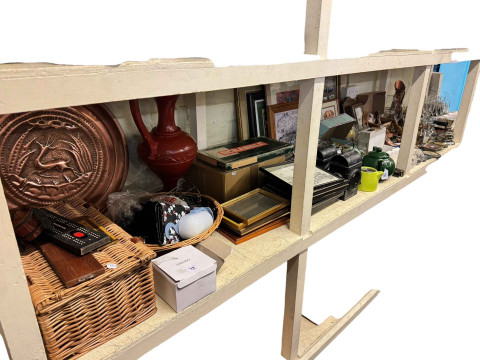 Circular copper tray, pair Mid Century railway? lamps, antique flat irons,...