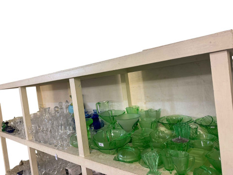 Collection of Deco style green glassware, blue glass trinket set, art...