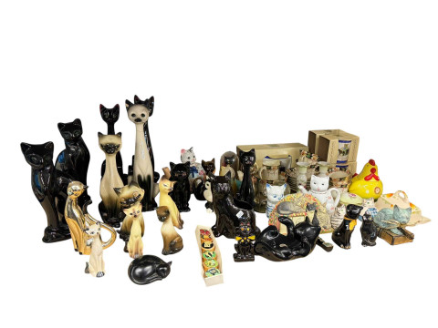 Collection of ceramic and other cats, boxed Ringtons, tea set, etc.