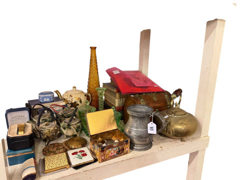 Victorian walnut and brass bound dome topped box, brass kettle, pewter...