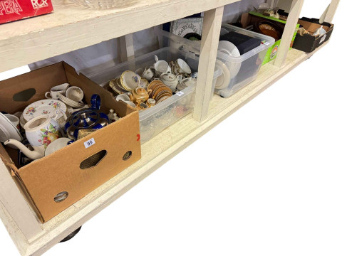 Five boxes of ceramics etc including Doulton figure and Bunnykins, Hummel...