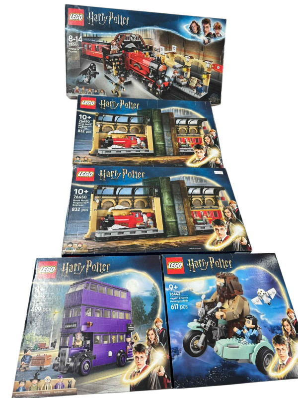 Five boxed Lego Harry Potter construction kits, model numbers 76446, 76443, 75955 and 76450 x 2. *Lot sold as seen, contents not guaranteed, all boxes have been opened then re-sealed, no Condition Reports available on this Lot*
