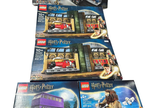 Five boxed Lego Harry Potter construction kits, model numbers 76446, 76443,...