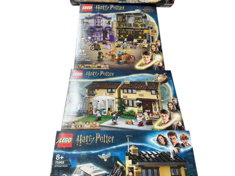 Four boxed Lego Harry Potter construction kits, model numbers 76388, 75968,...