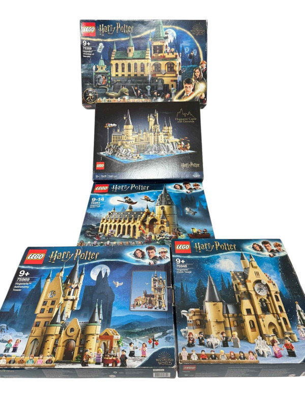 Five boxed Lego Harry Potter construction kits, model numbers 76419, 76389, 75969, 75954 and 75948. *Lot sold as seen, contents not guaranteed, all boxes have been opened then re-sealed, no Condition Reports available on this Lot*