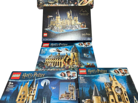 Five boxed Lego Harry Potter construction kits, model numbers 76419, 76389,...
