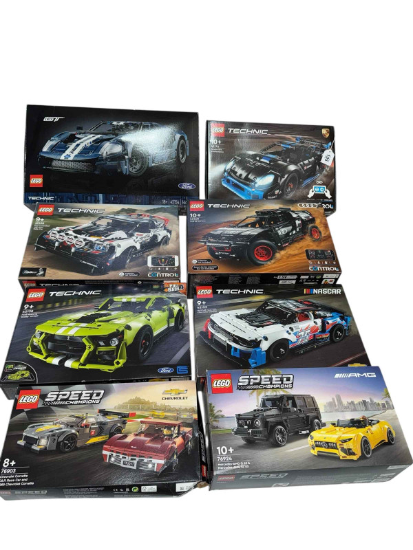 Six boxed Lego Technic High Performance and Rally Car construction kits, model numbers 42154, 42176, 42109, 42160, 42138 and 42153, along with two Lego Speed Champion construction kits, model numbers 76903 and 76924. *Lot sold as seen, contents not guaranteed, all boxes have been opened then re-sealed, no Condition Reports available on this Lot*