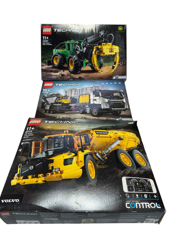 Five boxed Lego Technic construction and farm vehicle construction kits, model numbers 42114, 42175, 42157, 42144 and 42136. *Lot sold as seen, contents not guaranteed, all boxes have been opened then re-sealed, no Condition Reports available on this Lot*