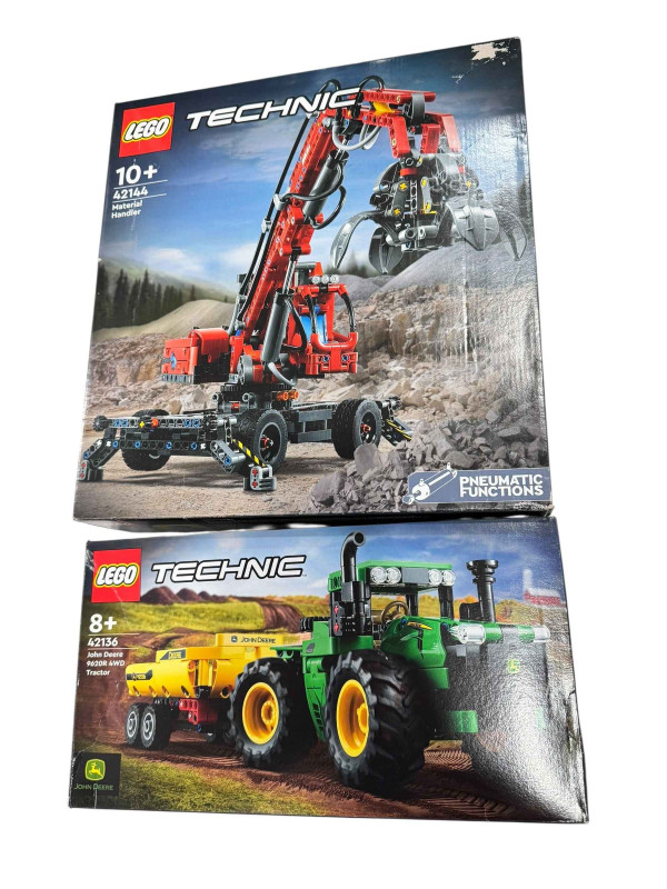 Five boxed Lego Technic construction and farm vehicle construction kits, model numbers 42114, 42175, 42157, 42144 and 42136. *Lot sold as seen, contents not guaranteed, all boxes have been opened then re-sealed, no Condition Reports available on this Lot*