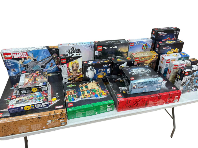 Nineteen boxed Lego Marvel, Disney, Film & TV Themed construction kits, model numbers, 76218, 10274, 21324, 75375, 76248, 42111, 10302, 10338, 77013, 21357, 43230, 43217, 43279, 76184, 76206, 76217, 76247, 76190 and 75582. *Lot sold as seen, contents not guaranteed, all boxes have been opened then re-sealed, no Condition Reports available on this Lot*