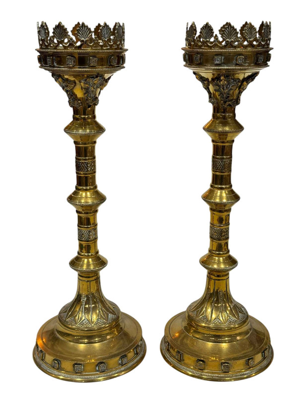 Pair brass ecclesiastical altar candle holders, 49cm.